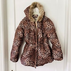 Girls size 8-9 Puffer hooded Jacket Animal Print Winter Rain Coat Brown Leopard